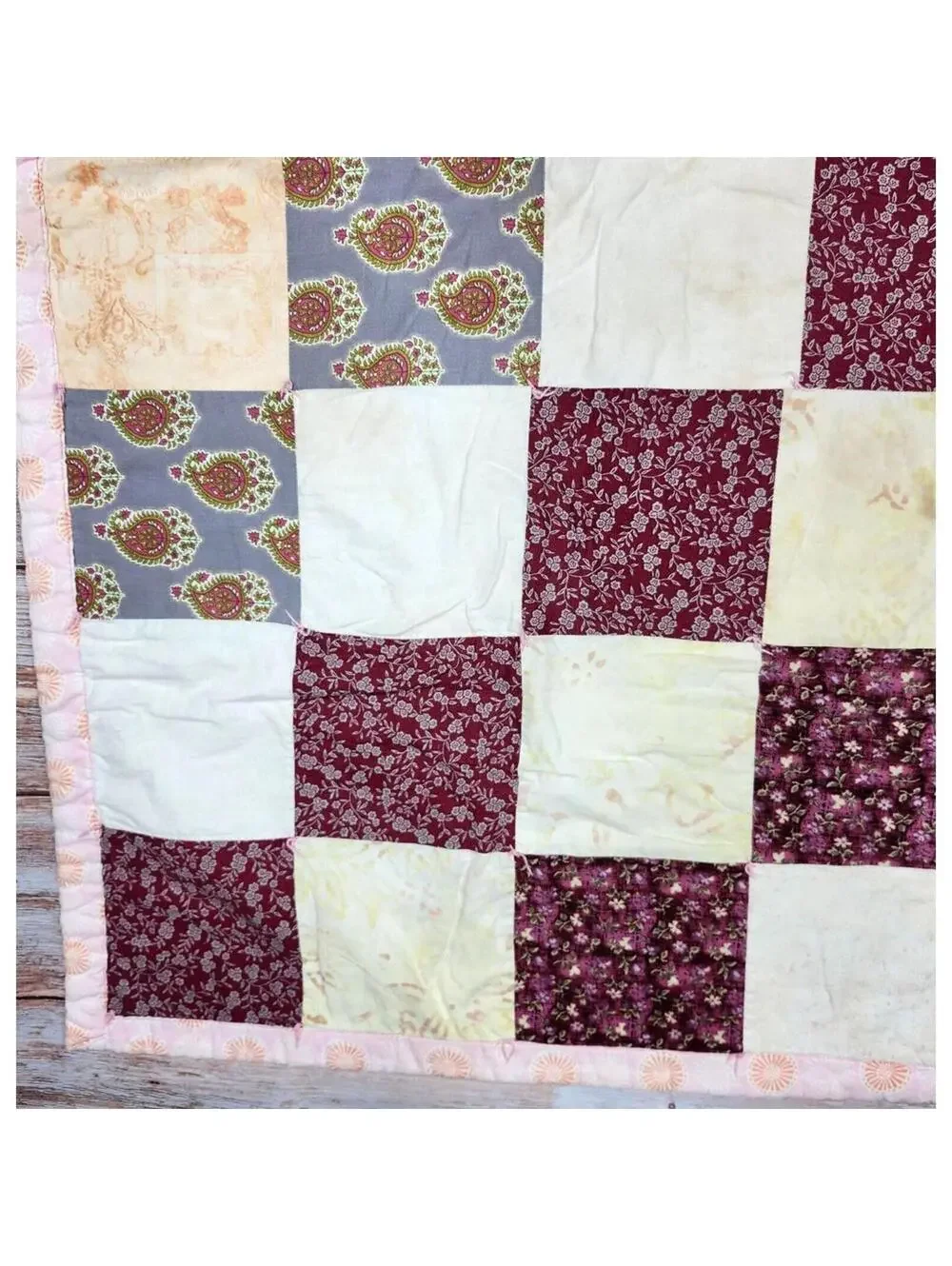 Handmade Vineyard Vibes Patchwork Quilt 36 x 46 Inch Gray Maroon Peach Cream